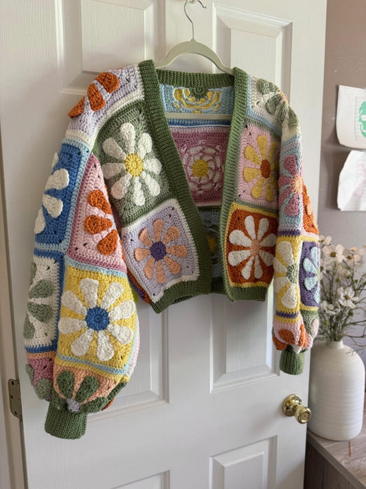Mystery Retro Daisy Granny Square Cardigan Crochet Pattern(PDF download)
